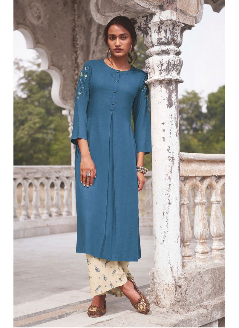 Blue Jansi Modal Khadi Long Dress With Embroidery Kurti With Bottom J-63